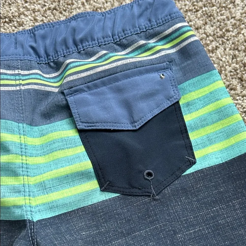 Hurley Kid's Blue and Green Striped Swim Shorts, Size 4